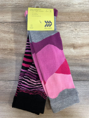 Pack of two mid-weight knee-high socks in pink, purple, black, and grey with arch support and cushioning