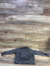 Back view of Escabel denim jacket in grey, size 4 to 5T, showcasing a large back patch pocket with a wood floor background
