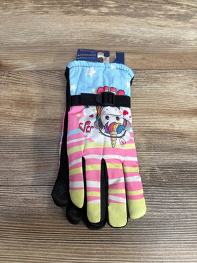 Colorful children's winter gloves with unicorn design and adjustable buckle on wooden surface