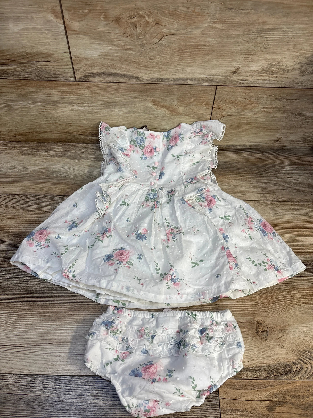 Floral baby dress with ruffles and matching bloomers, soft cotton for newborns and infants