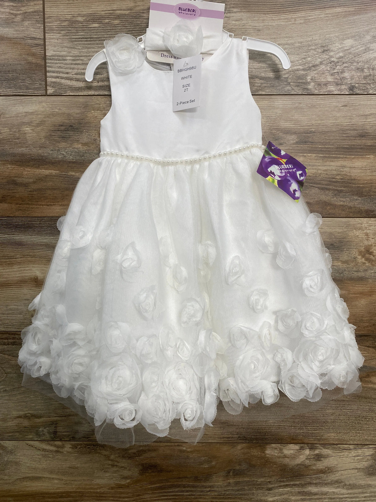 NEW Blueberi Boulevard Floral Applique Dress & Headband White sz 2T