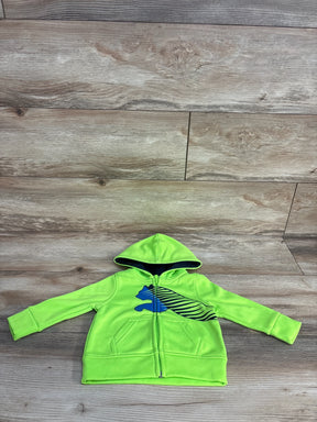 Bright green toddler hoodie with blue and black puma logo on wooden floor