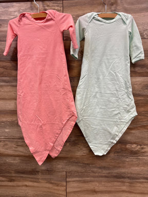 Flat lay of Baby Noah 2pk knotted gown set size 3m showcasing pink and mint green long sleeve gowns on wooden hangers over wood plank floor