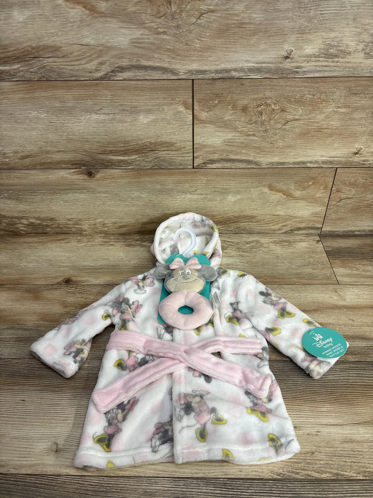 NEW Disney Baby Minnie Mouse Bath Robe & Rattle Set White sz 0-9m