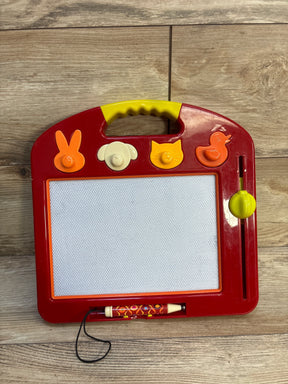 Front view of B. Toys LapTrec magnetic board with animal stamp knobs, stylus, and yellow erase slider on wood floor