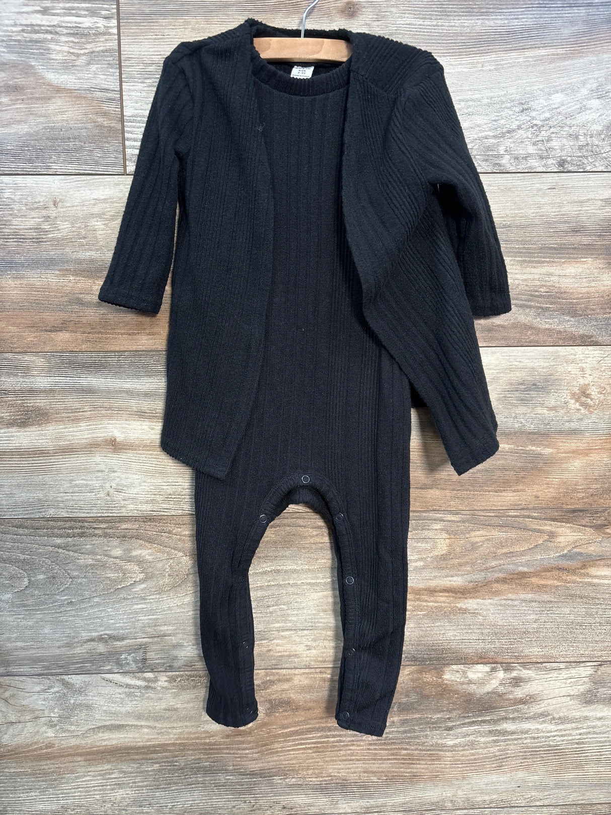 Shein 2pc Ribbed Coverall & Open Front Cardigan Black sz 2-3T