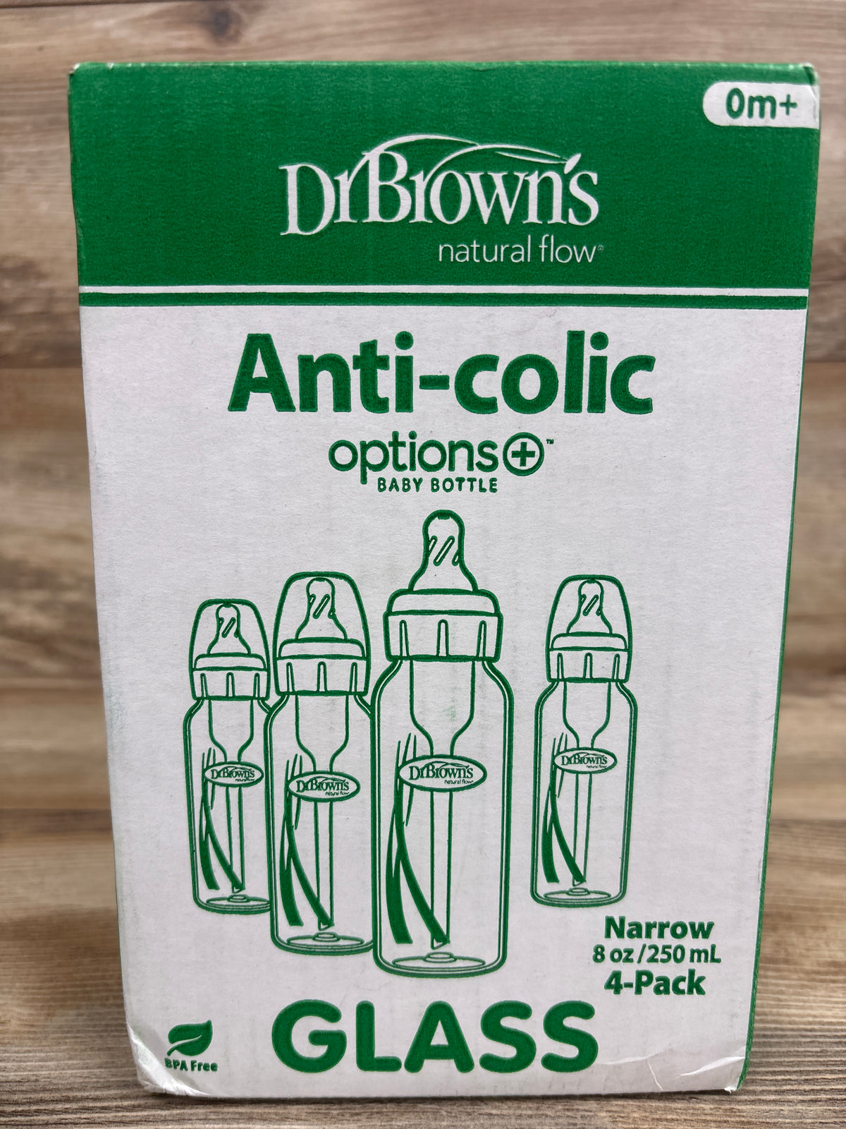 NEW Dr. Brown's Anti-Colic Options+ Narrow Glass Baby Bottles with Level 1 Slow Flow Nipple 4pk 8oz