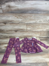Purple floral pattern toddler girls long sleeve top and leggings set on wood floor