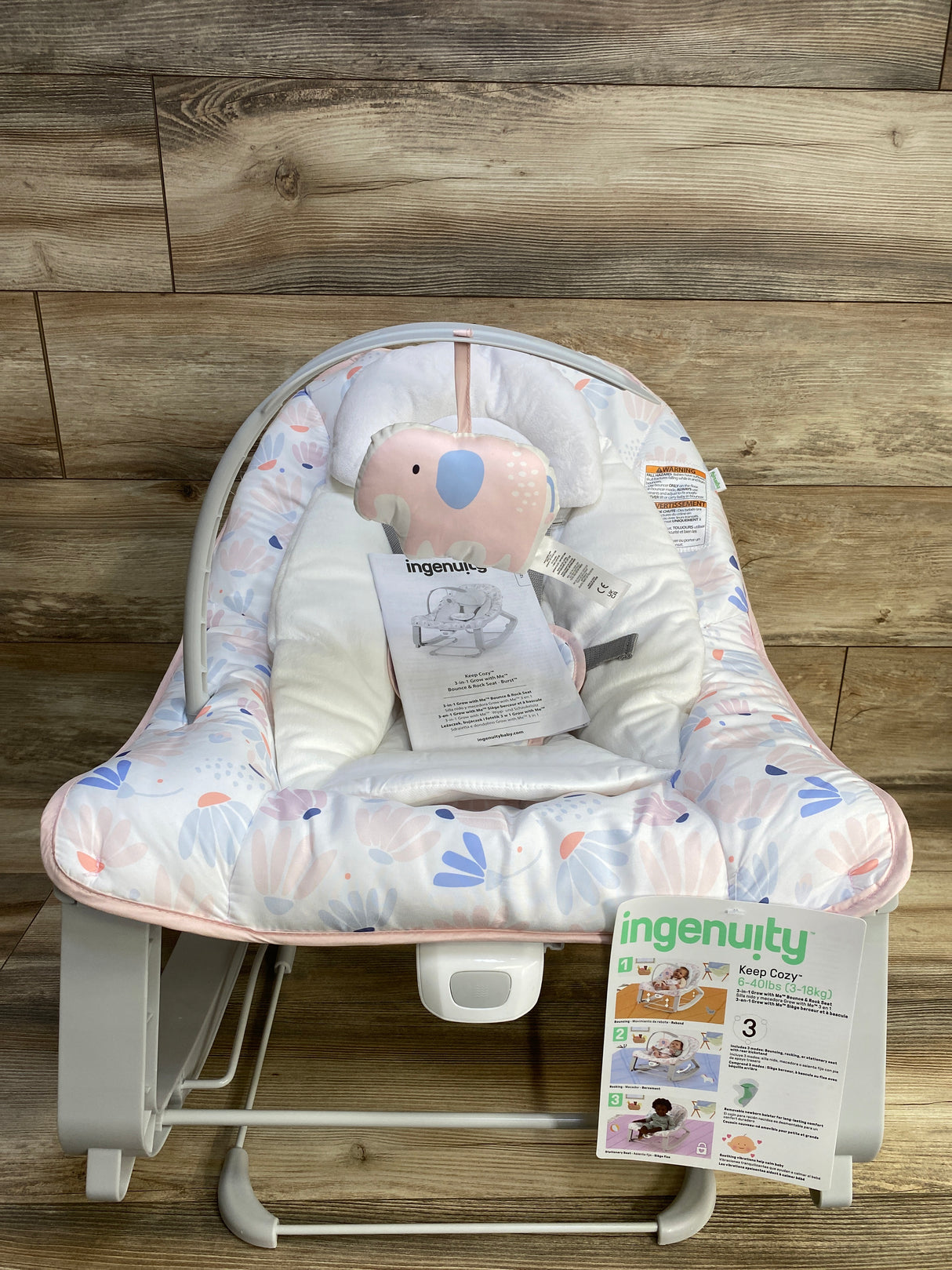 NEW Ingenuity Keep Cozy 3-in-1 Grow with Me Baby Bouncer, Rocker & Toddler Seat Pink Burst