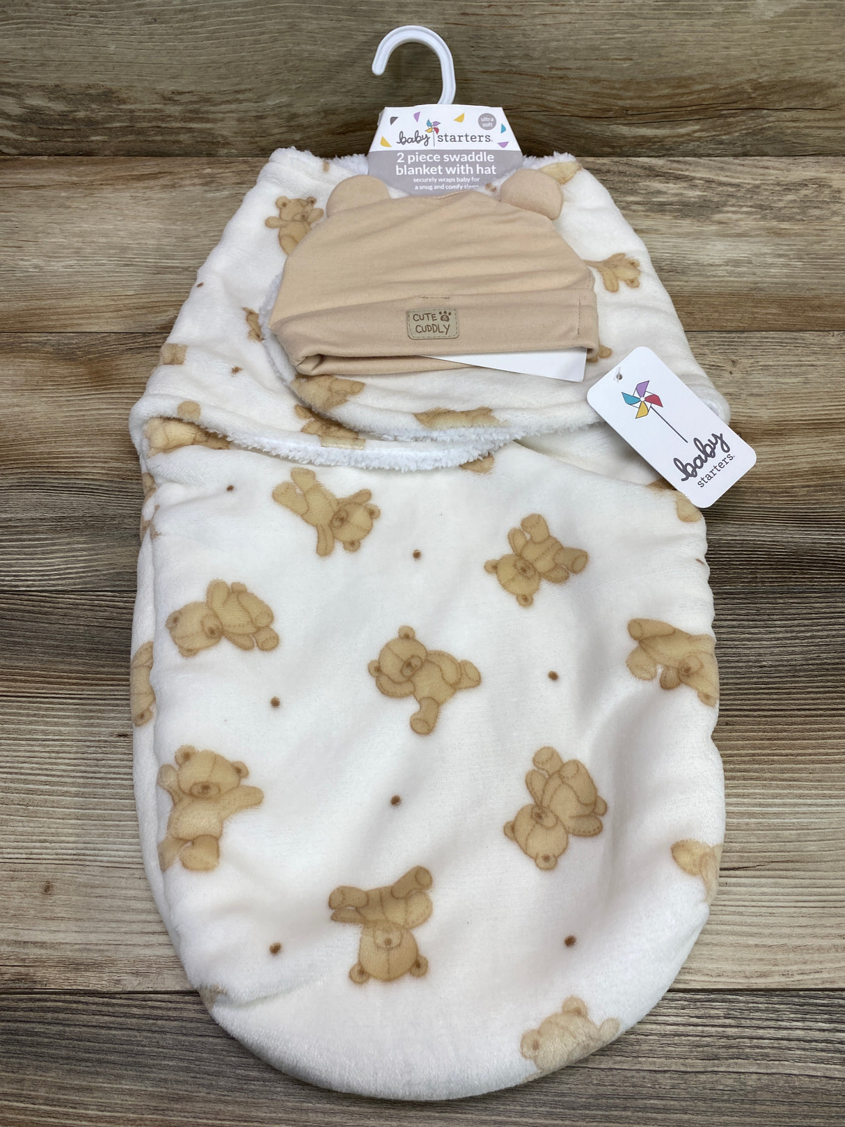 NEW Baby Starters Newborn Wearable Swaddle Blanket with Hat, 0-3M Teddy Bear Brown