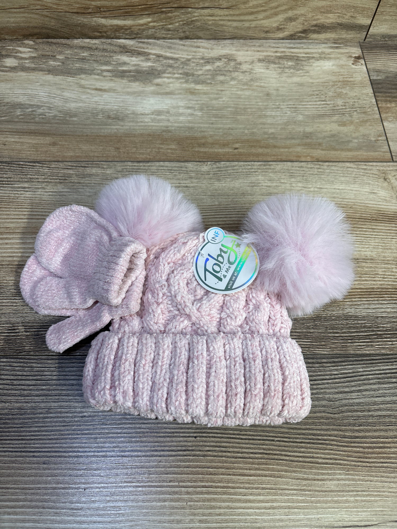NEW Toby & Me 2pc Pom Pom Beanie & Mittens Set Pink sz 6-12m