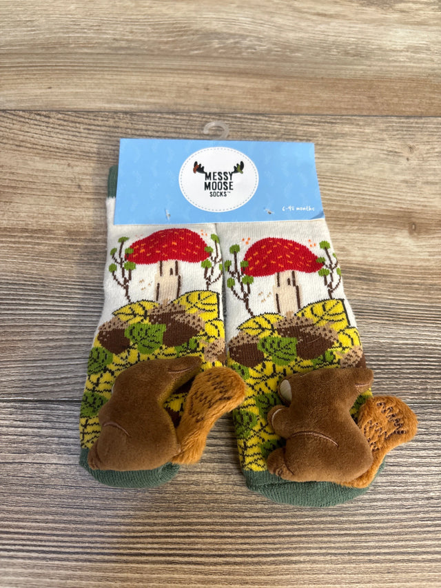 Messy Moose baby socks with mushroom & forest print, 3D moose feet, for 6-48 months