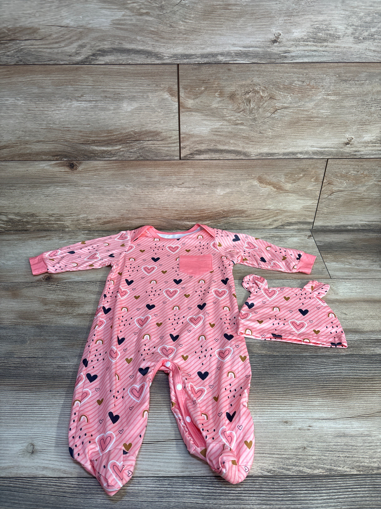 2pc Heart Print Footed Coverall & Hat Set Pink sz 6-9m