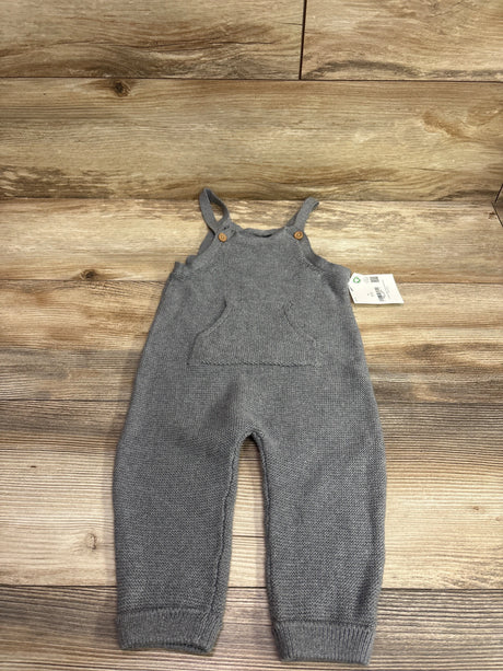 Front view of Little Planet gray knit overalls in size 12 months showcasing buttoned straps, front pocket, and ribbed cuffs on wood background