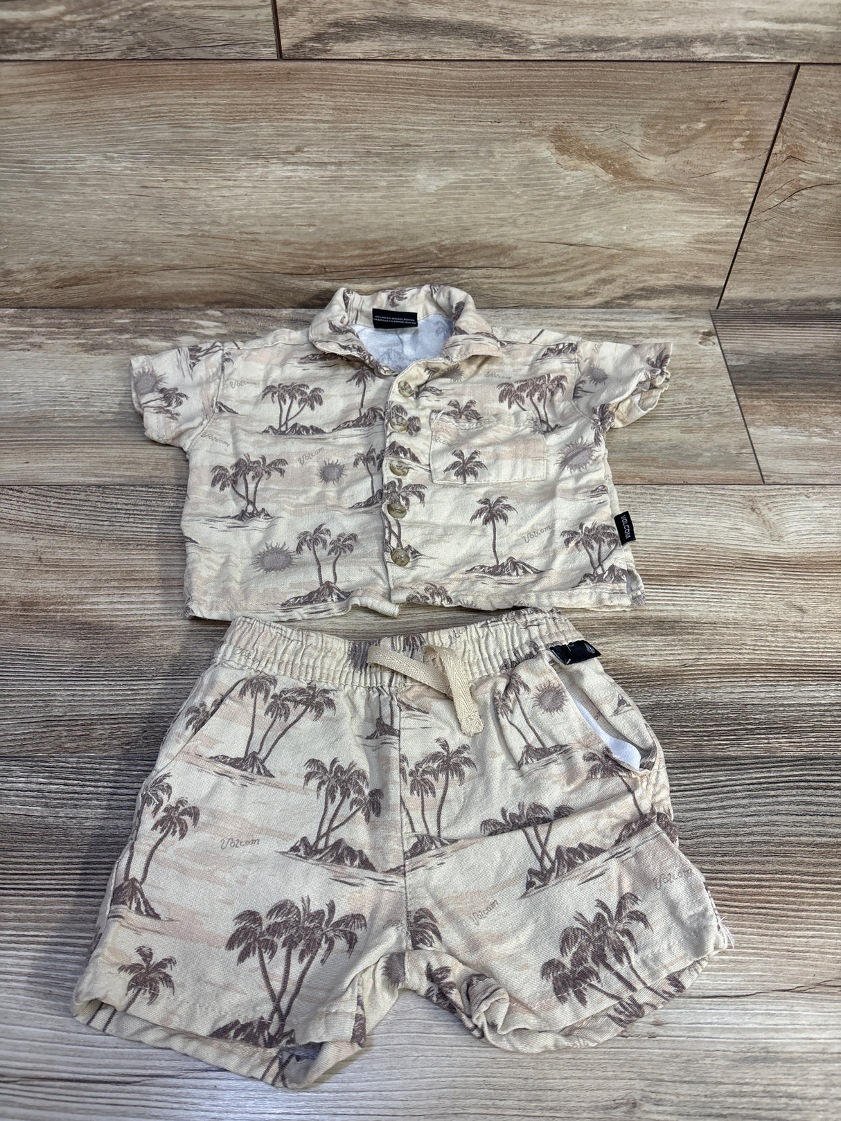 Volcom 2pc Linen Blend Button Up Shirt & Shorts Set Beige sz 12m
