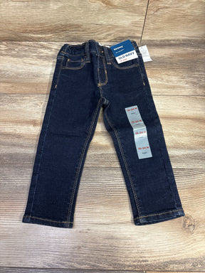 Old Navy toddler skinny jeans size 18-24 months, dark wash, displayed on wood background