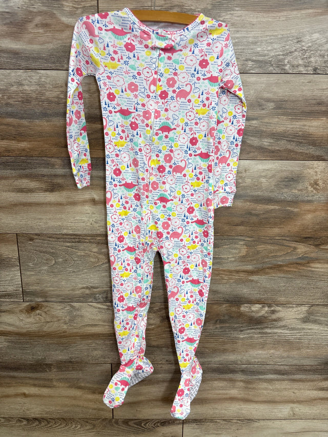 Colorful baby footed pajamas with dinosaur and floral print, long sleeve, zip front, on wood floor