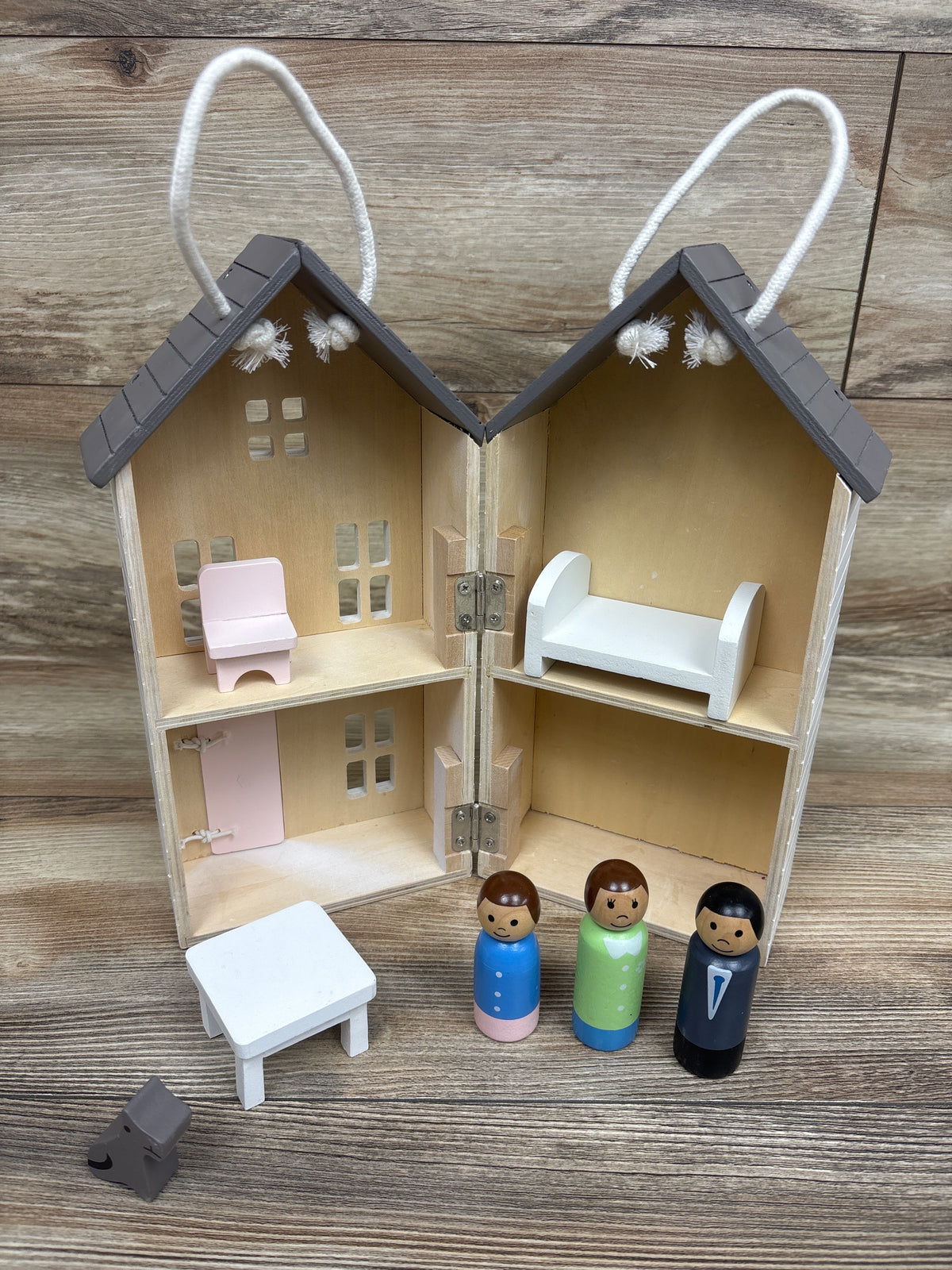 Pottery Barn Kids Take-Along Wooden Dollhouse with 7 Play Pieces