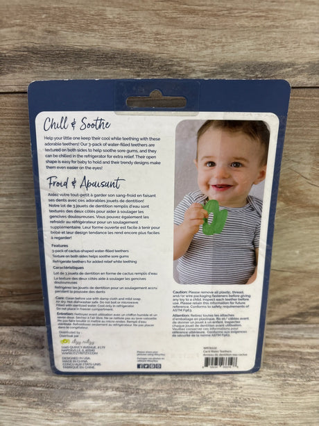 Back view of Itzy Ritzy Cutie Coolers 3-pack teether set packaging showing cactus-shaped teethers and baby photo