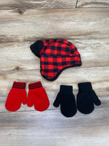 NEW Simple Joys Buffalo Plaid Trapper Hat and Mitten Set Red/Black sz 2-5T