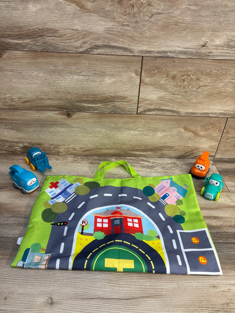 Top-down of Alasou 5-piece crane and car toy set showcasing colorful vehicles and printed road playmat on wood floor