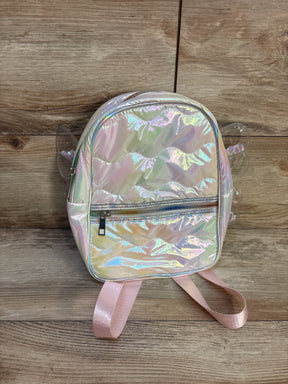 Iridescent small kids backpack with clear side wings and pink straps on wood floor