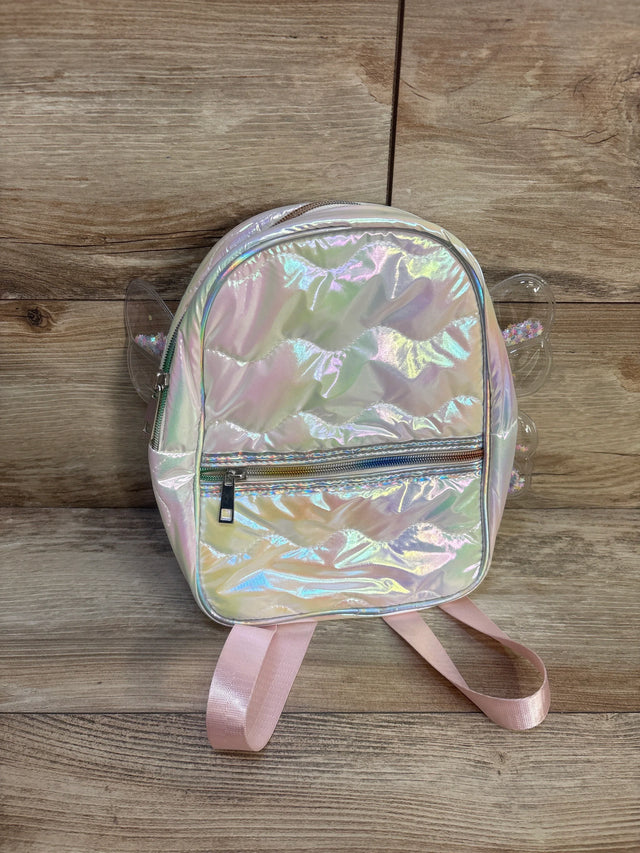 Iridescent small kids backpack with clear side wings and pink straps on wood floor
