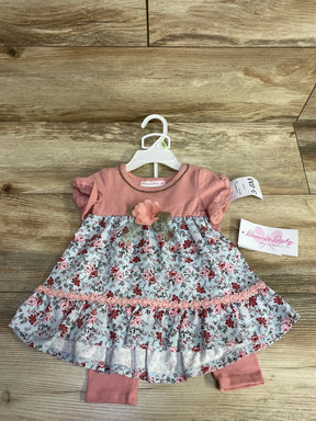 Bonnie Baby pink floral dress with ruffle details and matching leggings for infants, size 3-6M
