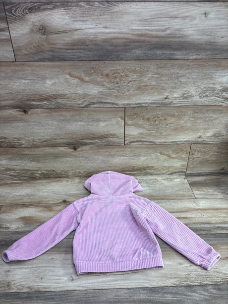Pink metallic ribbed hooded sweater for toddlers laid flat on a wood-textured background.