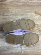 Purple Gymboree kids shoes with white laces, size 9, on wooden floor