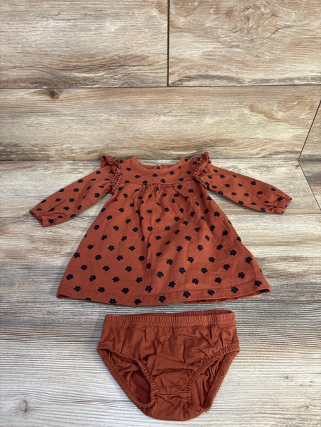 Front view of 2-piece baby dress and matching bloomers (brown, 9 months) showcasing ruffled sleeves and elastic waist on white background
