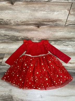 Front flat-lay of red Cat and Jack toddler tulle dress size 2T showcasing ruffle shoulders, silver waist trim and gold star tulle skirt on wood floor