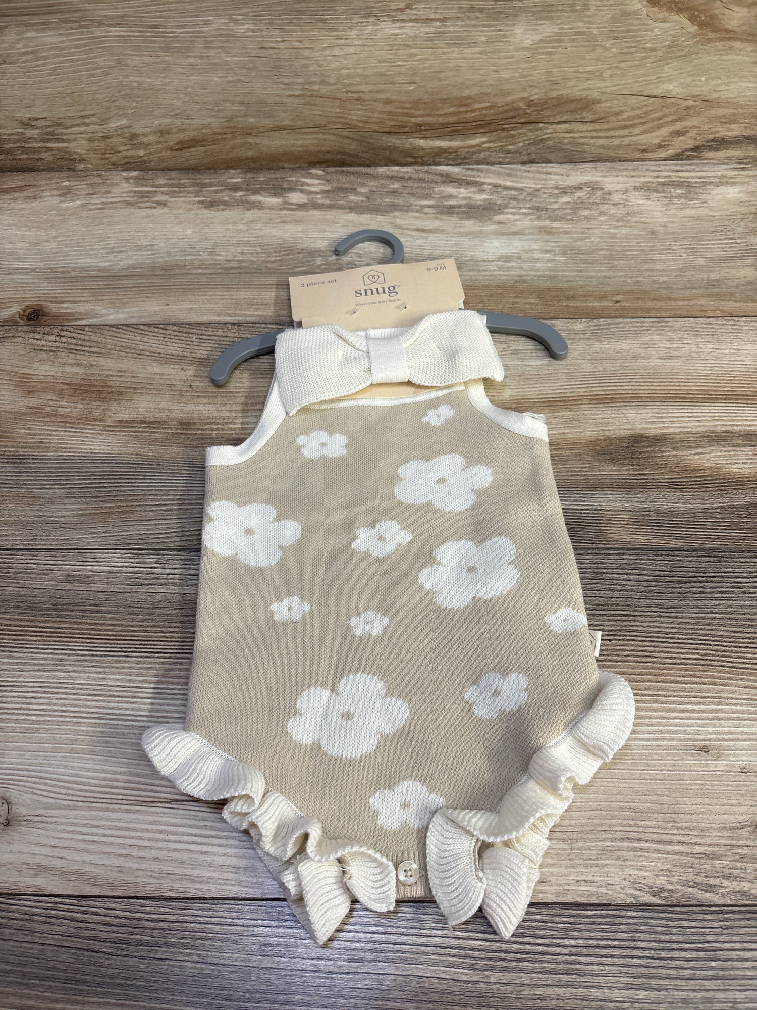 NEW Snug 2pc Knit Floral Bubble Romper & Headband Set Tan sz 6-9m