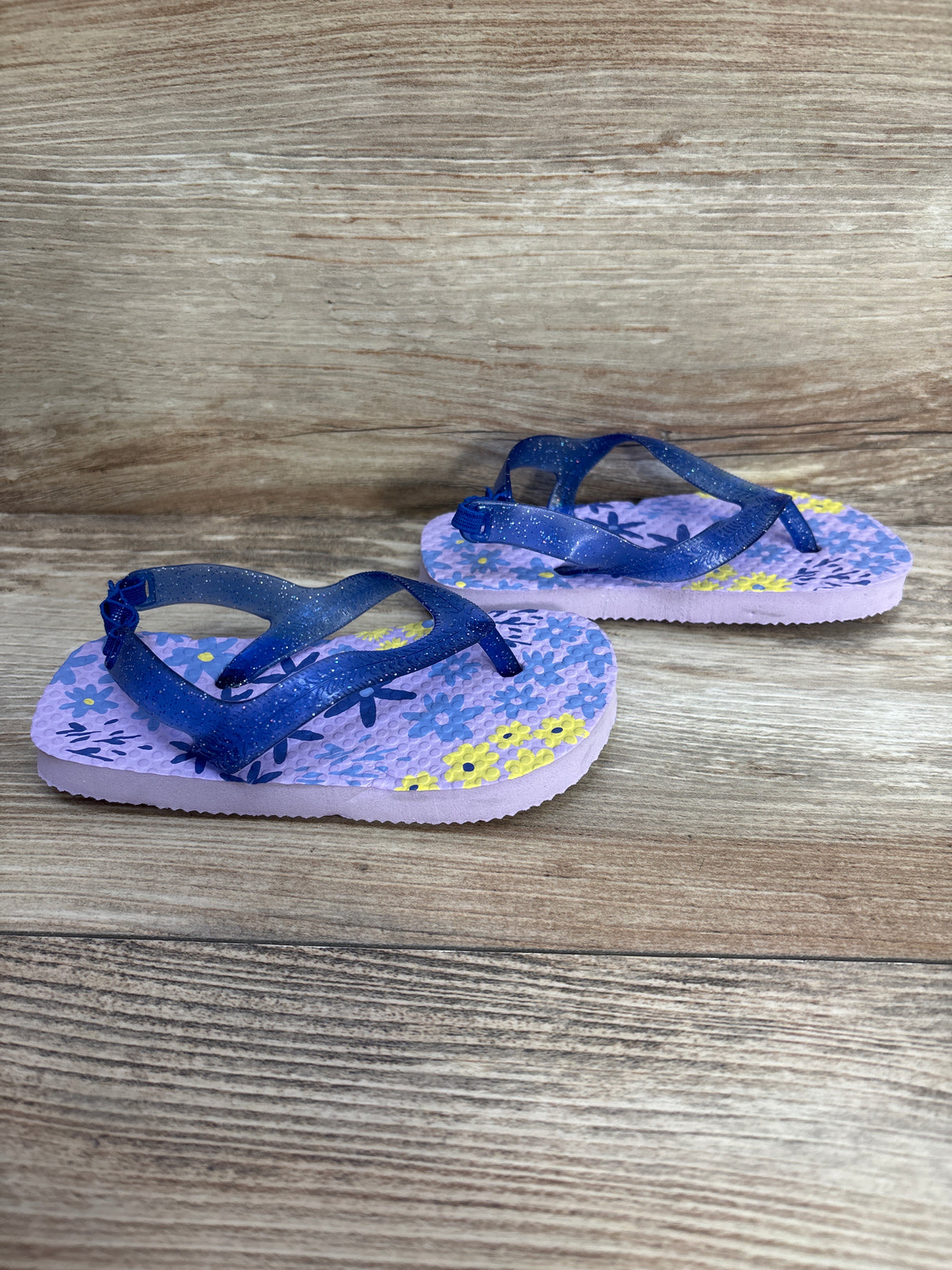 Girl's Floral Flip Flops Blue Glitter sz 7-8c