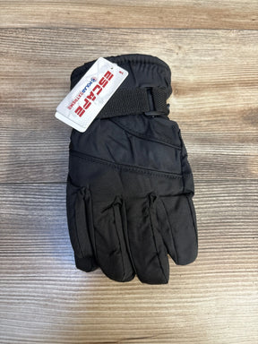 Black insulated kids winter glove with adjustable wrist strap on wood background