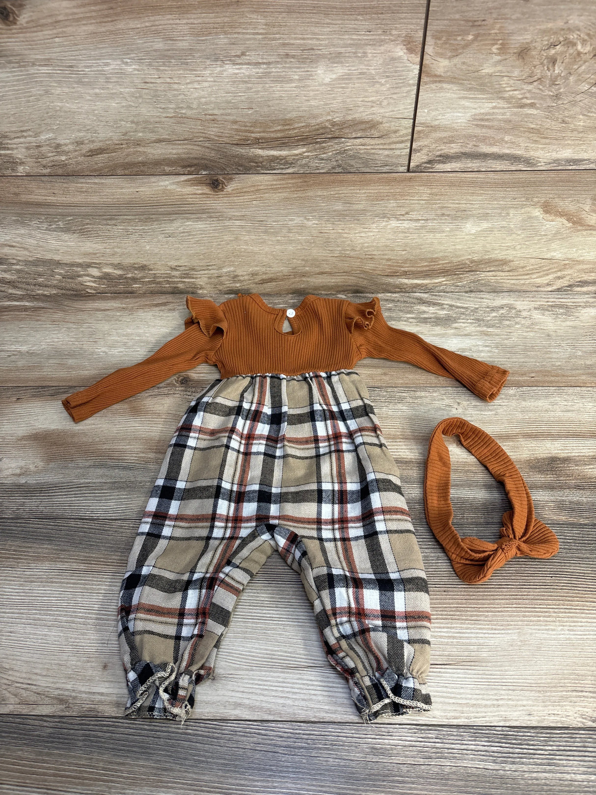 2pc Plaid Jumpsuit & Bow Headband Set Brown sz 6-9m