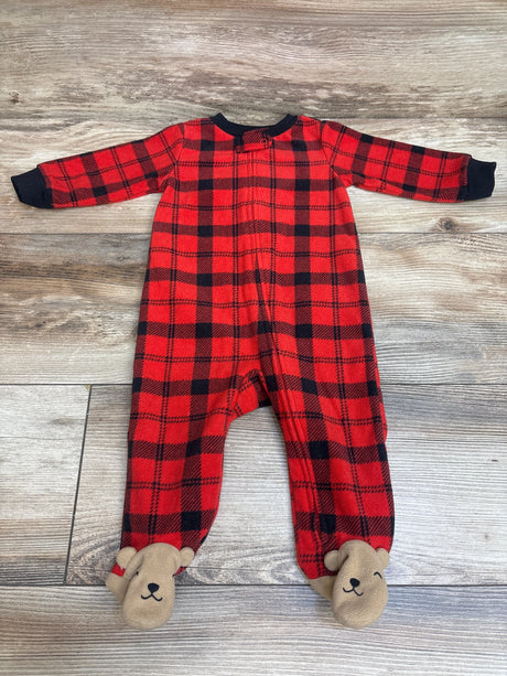 Front view of Carter’s red plaid blanket sleeper, size 6 months, with long sleeves and bear-face foot covers on wood-patterned flooring