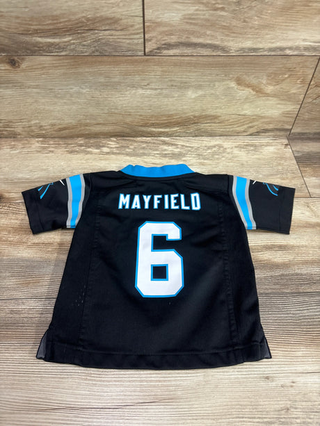 Back view of a black NFL Nike Carolina Panthers Baker Mayfield #6 toddler jersey, size 2T.