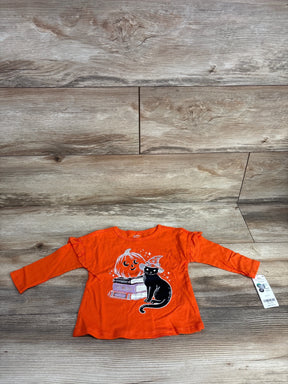 Orange Halloween baby shirt with black cat, pumpkin, and books graphic, size 12m