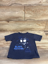 Front view of navy toddler T-shirt showcasing stylized Black Panther graphic and BLACK PANTHER text on wooden floor background