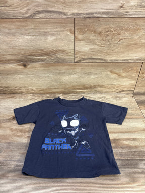 Front view of navy toddler T-shirt showcasing stylized Black Panther graphic and BLACK PANTHER text on wooden floor background