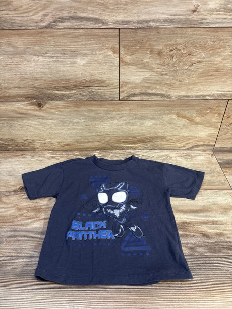Front view of navy toddler T-shirt showcasing stylized Black Panther graphic and BLACK PANTHER text on wooden floor background