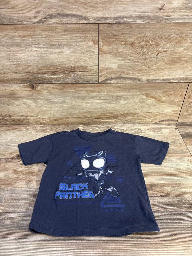 Front view of navy toddler T-shirt showcasing stylized Black Panther graphic and BLACK PANTHER text on wooden floor background