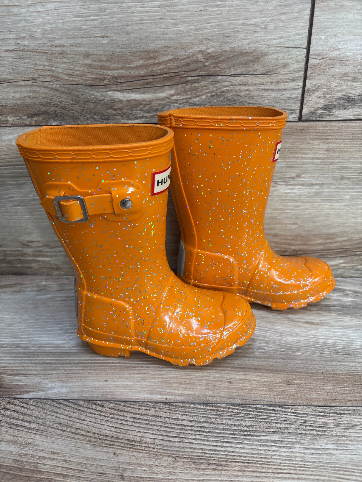 Hunter First Giant Glitter Rain Boots Orange sz 8c