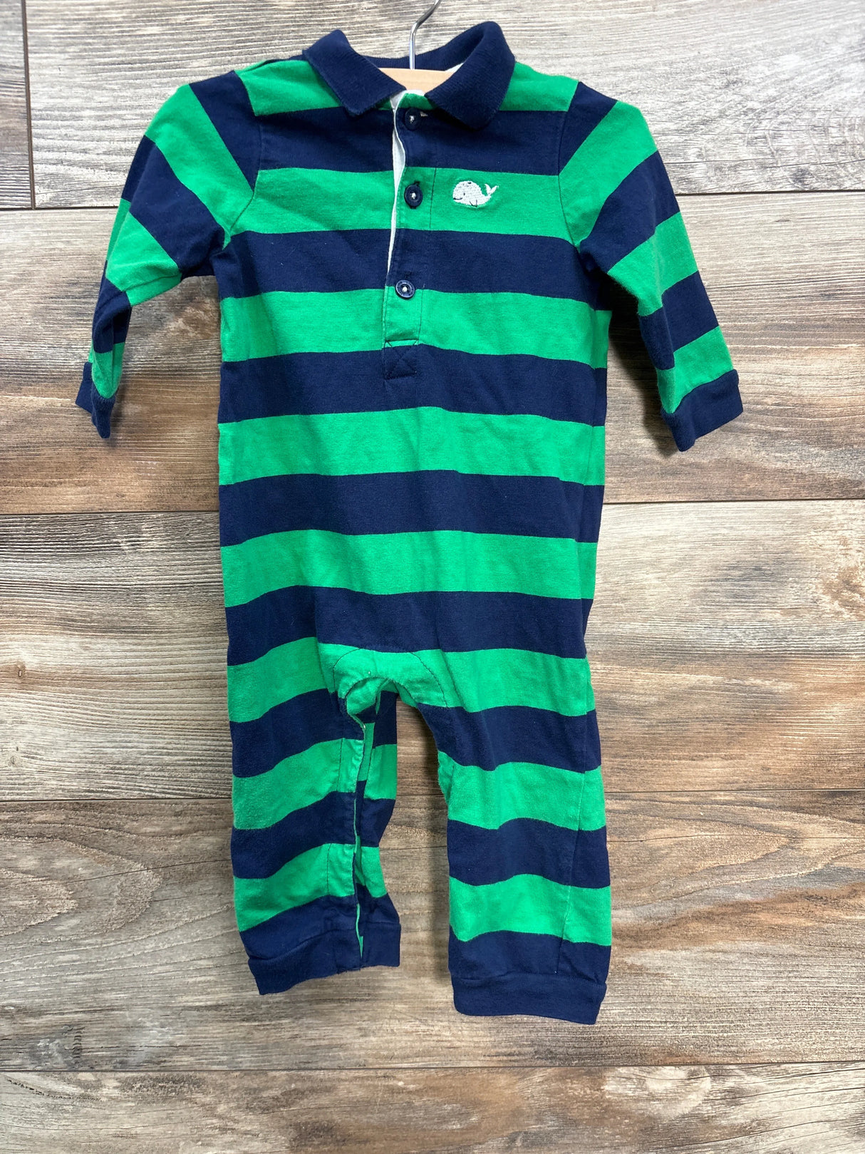 Little Me Striped Henley Coverall Green sz 9m