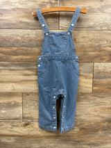 Blue denim toddler overalls with heart-shaped chest pocket and snap closures, hanging on wooden hanger