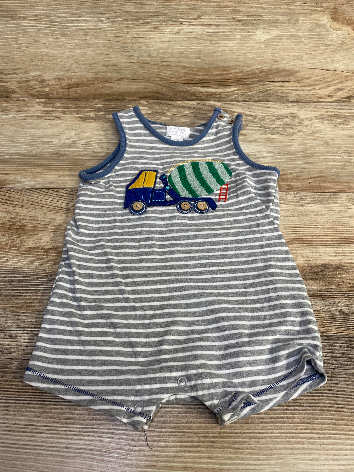 Mudpie Cement Truck Striped Shortie Romper Grey sz 9-12m