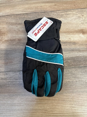 Kids black and teal winter glove with Escape tag on wood background