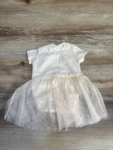 Back view of Disney Baby Winnie the Pooh cream tulle bodysuit dress (3-6 months) showing short sleeves and layered tulle skirt on wood background