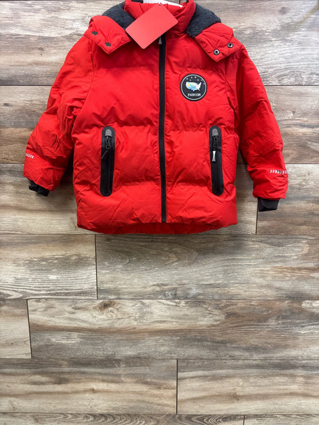 Front flat-lay of red fleece-lined waterproof puffy coat (4T) showing center zipper, two zippered pockets and chest patch on wood floor
